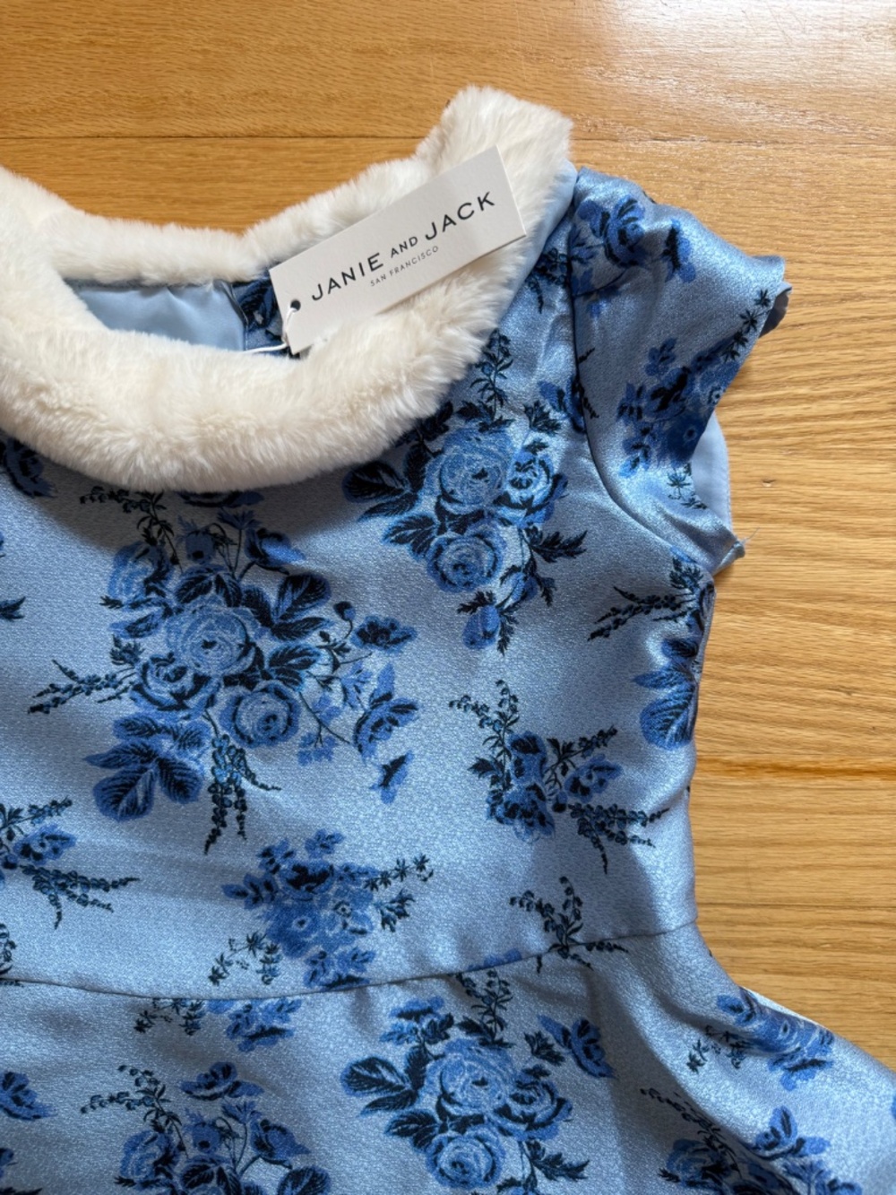 Janie and Jack Girls 7 Snow Dance Series Blue Floral Fur Collar Winter Dress - Picture 2 of 2